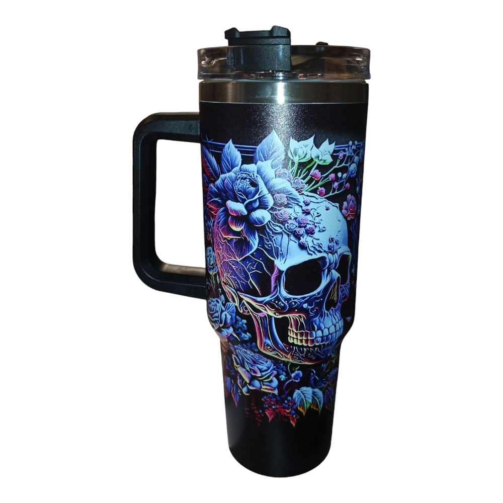 Floral Skull Black Travel Mug